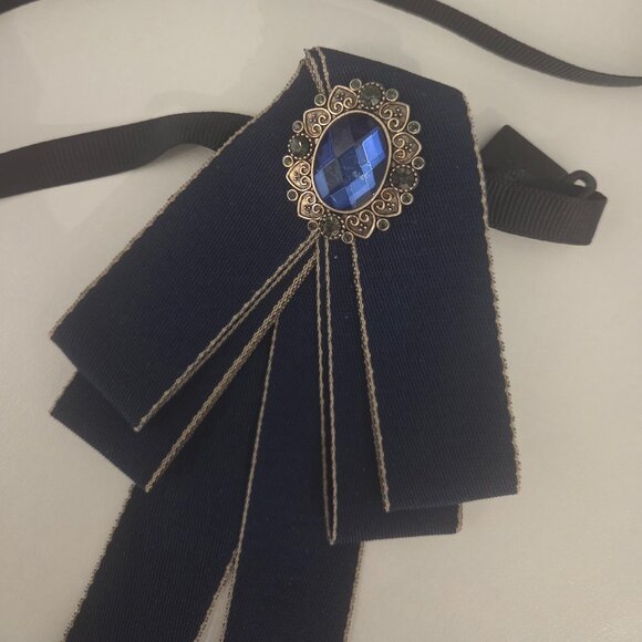 Accessories - Blue Ribbon Bow Tie Brooch with Gemstone
